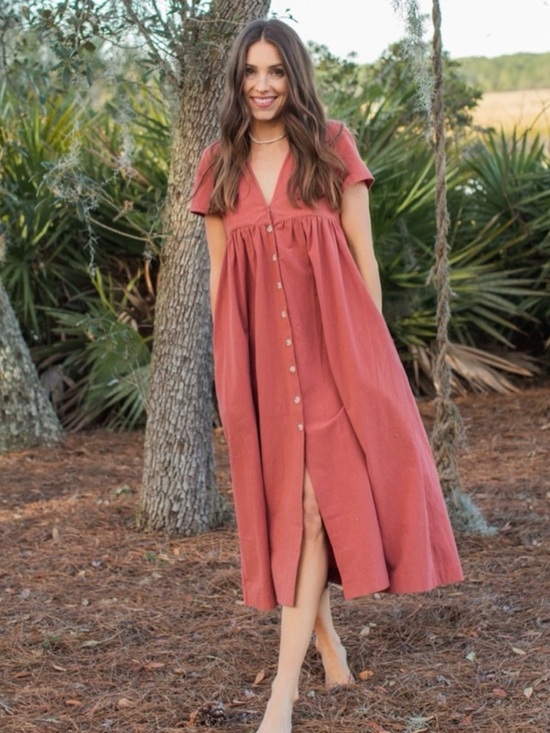 NATURAL LIFE Dresses & Skirts - Natural Life Avery Midi Dress Button Front Rust Pink Boho Flowy Cottagecore